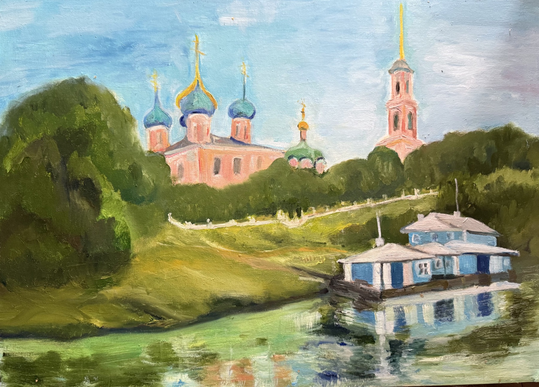 Рязанский кремль и причал, масло, 2026 г.